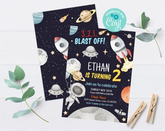 Weltraum-Geburtstagseinladung Junge, sofortiger Download, EDITIERBARE Weltraum-Einladung, Kinder-Geburtstagseinladung, Galaxy Blast Off-Party druckbar - 39C