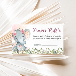 Printable Elephant Diaper Raffle Sign Card, Elephant Girl Baby Shower ...