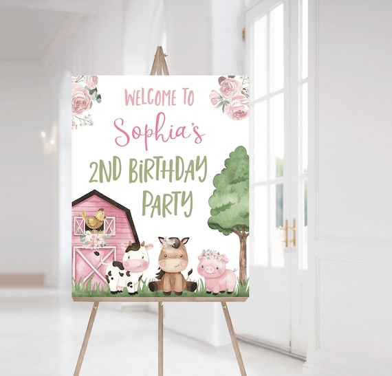 Girl Farm Welcome Sign, Instant download, Floral farm birthday decorations, Girl birthday party decor, Pink Barnyard party printables - 11A Il_570xn