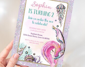 Mermaid Invitation, Girl birthday party invite, Under The Sea party printable, mermaid birthday invitation EDITABLE, Digital Download - 20B1