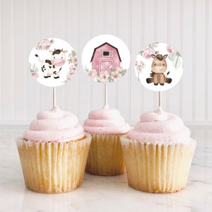 Girl Farm cupcake toppers, Pink Farm birthday party decorations, Floral Farm animals baby shower, Girl Barnyard bash party printables 11A image 4
