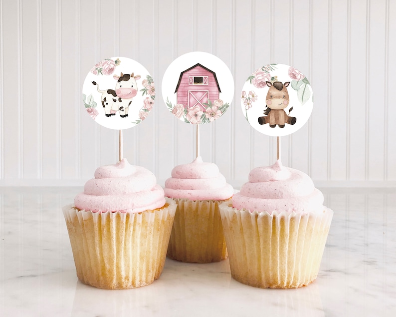 Girl Farm cupcake toppers, Pink Farm birthday party decorations, Floral Farm animals baby shower, Girl Barnyard bash party printables 11A image 4