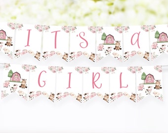 Farm It's a Girl Banner, Floral farm animals baby shower decor, Baby girl shower decorations, Pink Barnyard shower printables - 11A