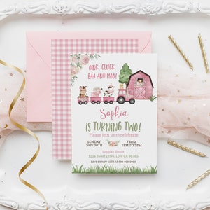 May include: Pink and green farm-themed birthday invitation with a cartoon tractor and animals. The invitation says "Oink Cluck BAA and Moo! Sophia is turning two!" and includes details for the party, including the date, time, and location.
