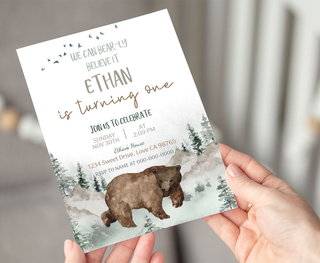 Bear Birthday Invitation Boy, Instant Download, EDITABLE Woodland ...