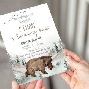 Bear birthday invitation Boy, Instant download, EDITABLE Woodland Invitation, Kids birthday invite, Bear party printable invitation - 47H