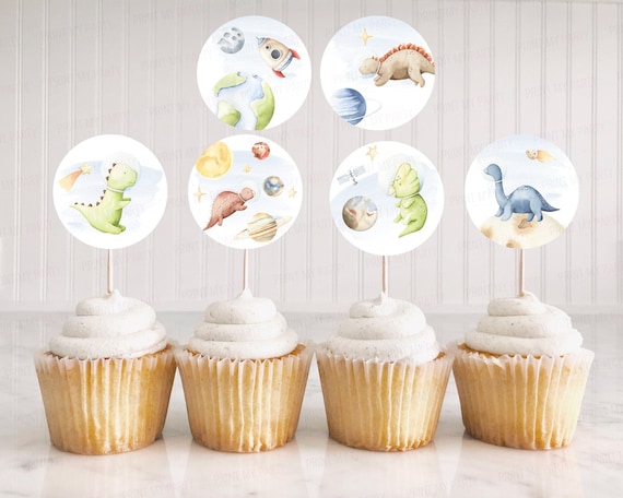 Dinosaur Space cupcake toppers printable, Outer space birthday, Space Dinosaur baby shower decorations, Astronaut party decor - 39D Il_570xn
