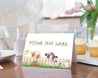 EDITABLE Farm Place Cards, Barnyard Food Labels, Cow Gender Reveal Dessert table tent cards - 11C3