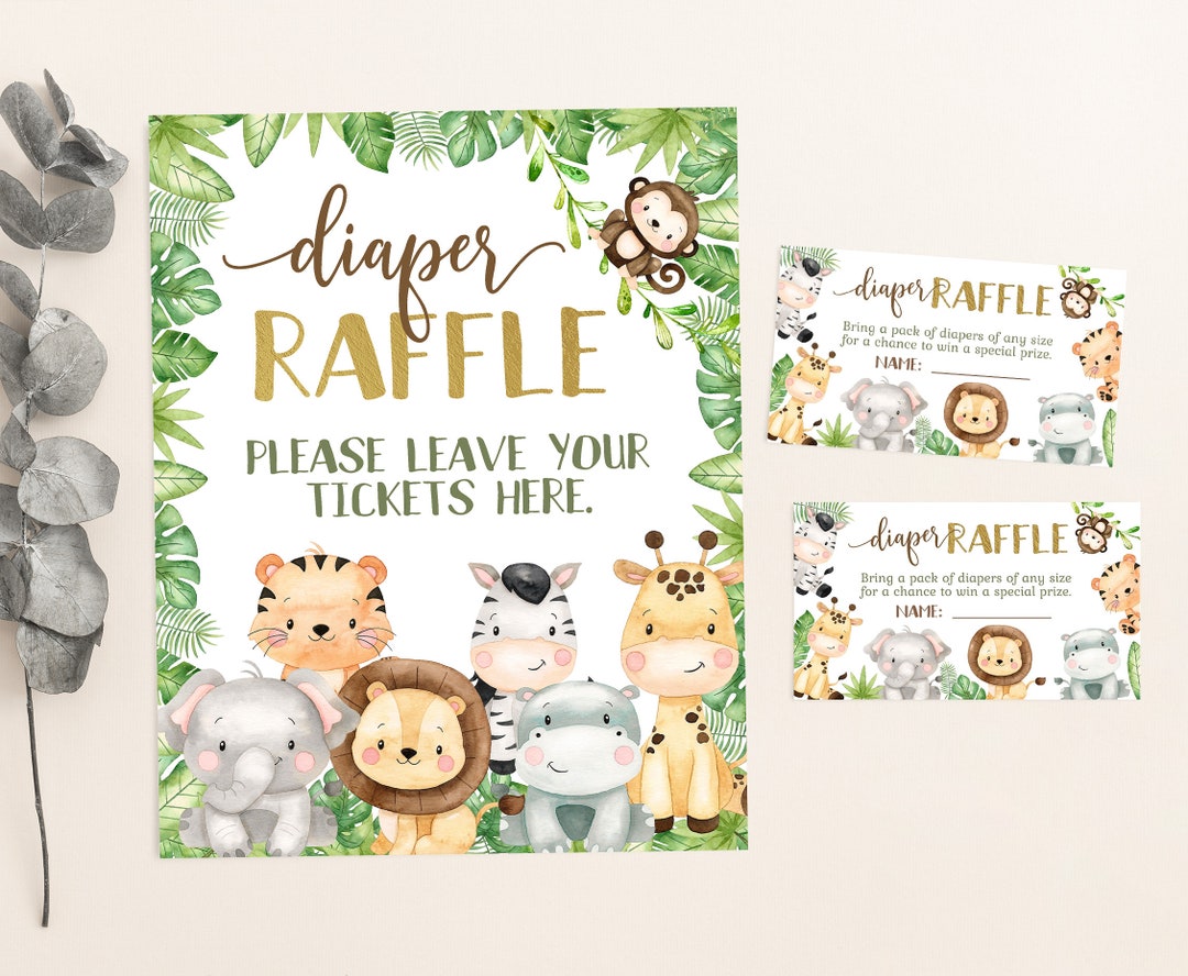 Safari Diaper Raffle Printable, Sign + Card, Jungle Animals Baby Shower ...