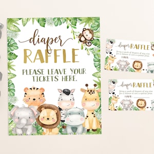 Lotteria per pannolini Safari stampabile, Segno + Carta, Decorazioni per baby shower con animali della giungla, Giochi per baby shower per ragazzi, Segno e biglietti della lotteria - 35E