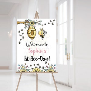 EDITABLE 1st Bee Day  Welcome Sign, Girl birthday party decoration, Bumble Bee party printables - 61A