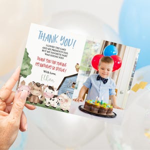 Editable Farm Birthday Thank You Card, Farm thank you note, Barnyard birthday printable, Farm Animals party photo card  - 11J