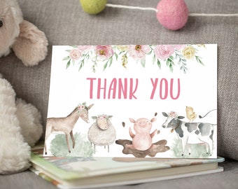 Girl Farm thank you cards, Flat 4x6 card, Floral farm animals baby shower, Pink Barnyard Party printables, Birthday thank you note - 11B