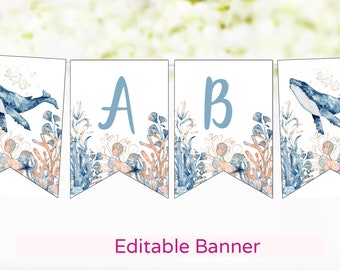 Editable Whale banner, Ocean birthday, Under the sea Banner, Under the sea baby shower decorations, Sea party decor, Underwater banner - 44C