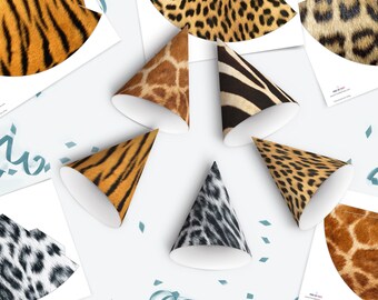 May include: Six party hats with different animal print designs. The hats are made of paper and have a cone shape. The prints include tiger, zebra, leopard, giraffe, and cheetah.