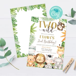 Safari birthday invitation, Two Wild birthday invitation, Jungle animals second birthday party invite, Boy 2nd birthday theme - 35E