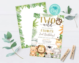 Safari birthday invitation, Two Wild birthday invitation, Jungle animals second birthday party invite, Boy 2nd birthday theme - 35E