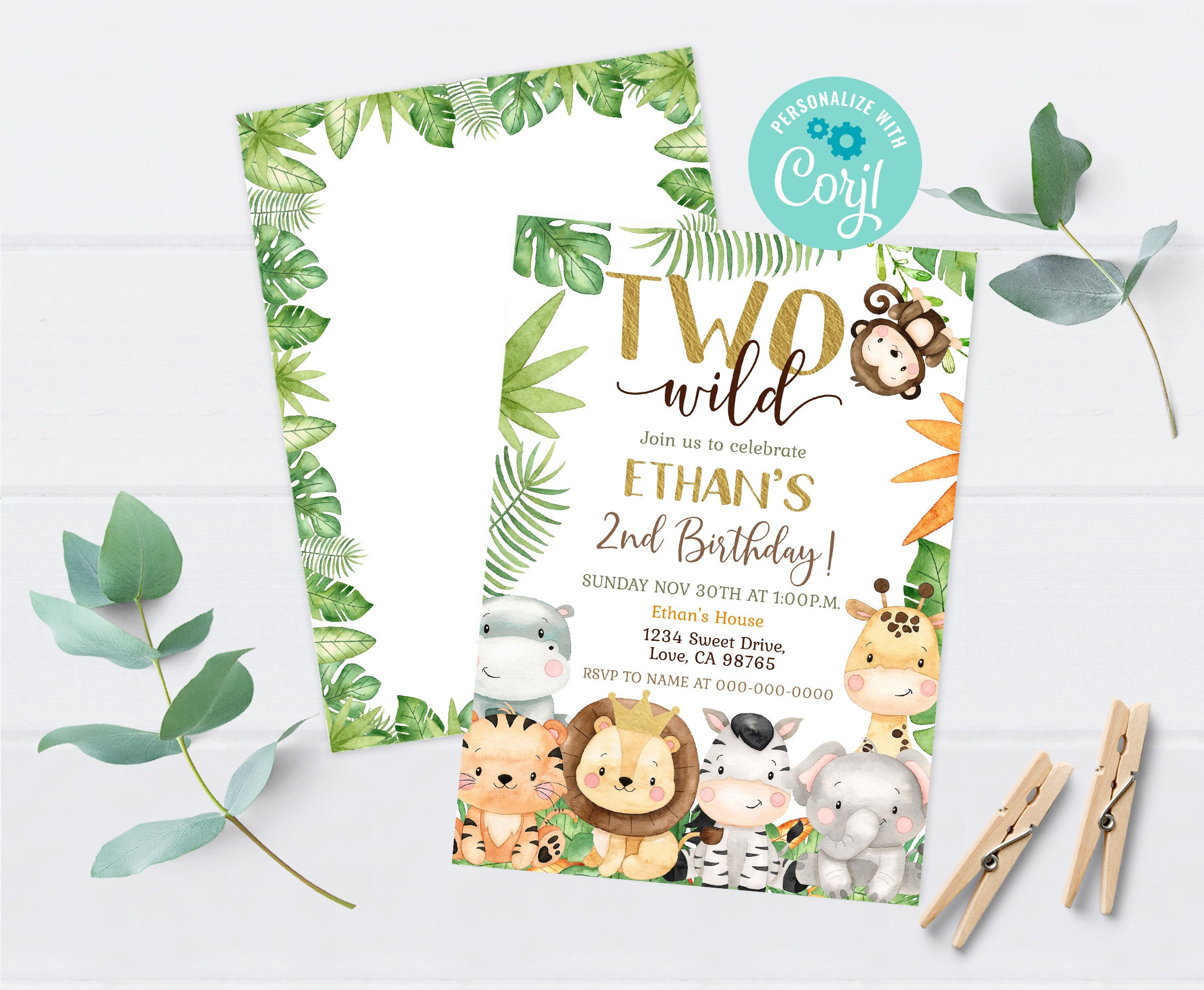 Safari Geburtstagseinladung, Zwei Wilde Geburtstagseinladung, Dschungeltiere zweiten Geburtstag Party einladen, Junge 2.Geburtstag Thema - 35E