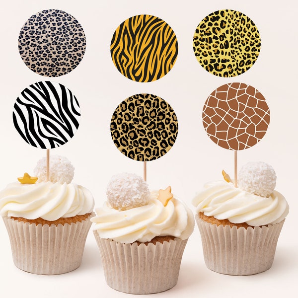 Animal Print cupcake toppers, Animal Print birthday decorations, Safari Birthday decor, Safari party stickers, Safari Cupcake toppers -  35H