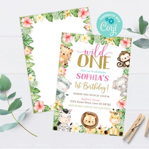Floral Safari birthday, Wild One birthday invitation girl, Jungle animals first birthday party invite, Girl 1st birthday theme - 35E