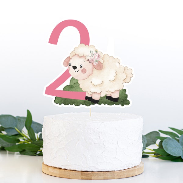 Gâteau d'agneau de fille 2e anniversaire, pièce maîtresse de ferme de fille, décor de table de fête de ferme florale, décorations de deuxième anniversaire de mouton - 11A