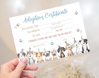 Adoption Haustier Zertifikat, Adopt ein Tier, Haustier Adoption Party Zertifikat, Hund Geburtstagsparty, Instant Download, Adoption Welpen Party - 72C