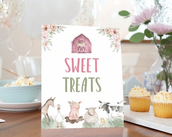 Sweet Treats sign, Girl farm party decor, food table signs, Floral Farm animals, Girl baby shower decorations, Girl barnyard decor - 11B