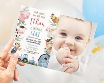 Invitación con foto de granja para niño, descarga instantánea, invitación de cumpleaños de animales de granja editables, invitación de corral azul, invitación oink cluck baa moo - 11J