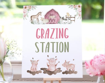 Grazing Station sign, Girl Farm birthday decorations, Food table signs, Floral Farm baby shower decoration, Pink barnyard bash - 11B