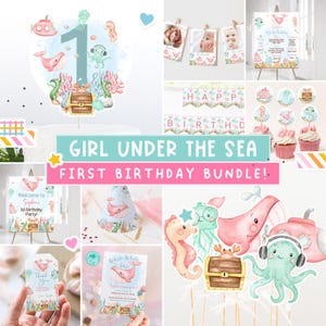 Gril Under the Sea 1st Birthday Bundle - Pink Whale and Ocean Animals invitation and party decoration package, Oneder the Sea party set -44A