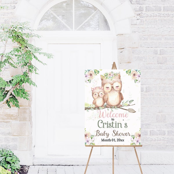 EDITABLE Owl Welcome Sign, Girl Baby Shower decorations, Owl party printables - 78A2