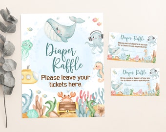 Under the sea diaper raffle printable, Sign + Card, Ocean baby shower decorations, Boy baby shower games, Raffle sign and tickets - 44A