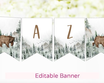 Editable Bear Birthday Banner, Woodland baby shower decor, Woodland party printable Alphabet, Custom Name banner, Bear party decor- 47H