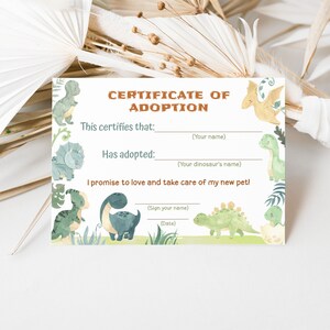 Dinosaur Adoption Certificate, Adopt an Animal, Pet Adoption Party ...