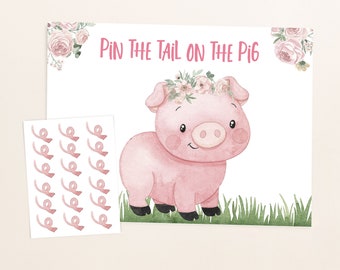 Pin the tail on the pig, Instant download, Girl farm birthday decorations, Farm party games, Pink Barnyard party printables - 11A