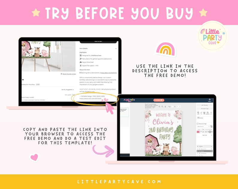 a pink and yellow background with the text try before you buy