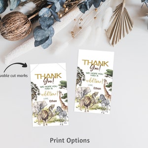 May include: Thank you cards with a jungle theme. The cards feature a watercolor illustration of a lion, zebra, giraffe, elephant, and other animals. The text on the cards reads "Thank You! We hope you had a wild time! Love, Ethan".