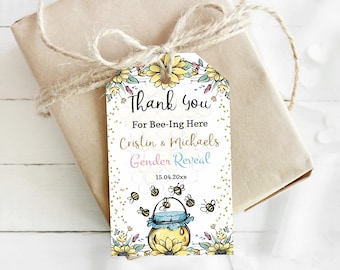 EDITABLE BeeThank you Tags, He or She favor tags, Honeycomb Gender Reveal printable - 61A