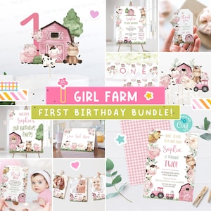 Girl Farm FIRST birthday Bundle, Floral farm animals 1st birthday invite & party decorations package, Pink Barnyard party printable set -11A