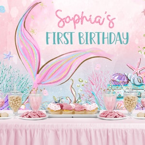 Editable Mermaid Birthday Backdrop Digital, Mermaid tail birthday decorations, Pink mermaid party printable backdrop banner - 20G