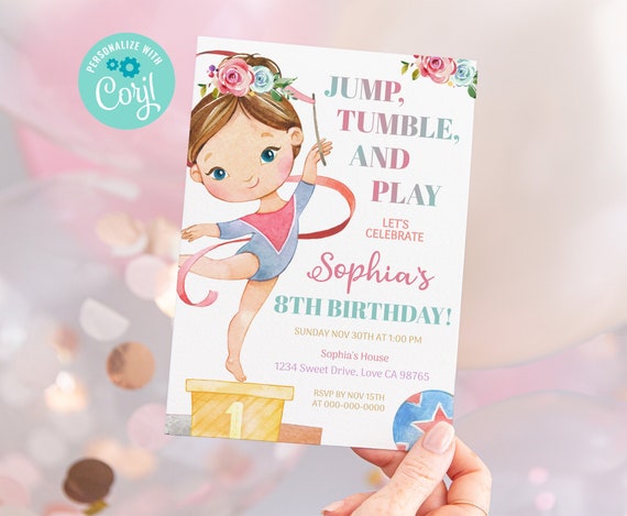 Gymnastics birthday invitation, Instant download, EDITABLE Rainbow girl ...