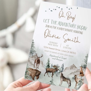 Woodland baby shower invitation, Let the adventure begin baby shower invite, Rustic Forest Pine trees invitation boy Instant download - 47H