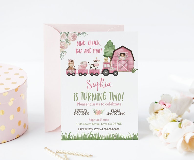 May include: Pink and green farm-themed birthday invitation with a pink barn, a tractor, and farm animals. The text reads "Oink, Cluck, BAA and Moo! Sophia is turning two! Please join us to celebrate Sunday, Nov 30th from 1pm to 3pm. Sophia's House, 1234 Sweet Drive, Love CA 98765. RSVP by Nov 15th at 000-000-0000."