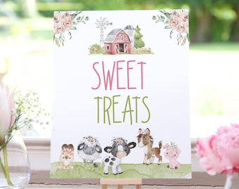 Sweet Treats sign, Girl Farm food table signs, Floral Farm Birthday Party sign, Girl baby shower decoration, Pink barnyard party - 11C1