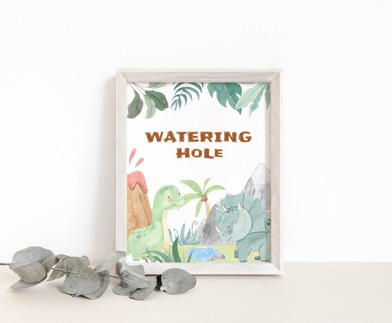 Watering Hole Birthday sign, Dinosaur party decor, Dinosaur table sign ...