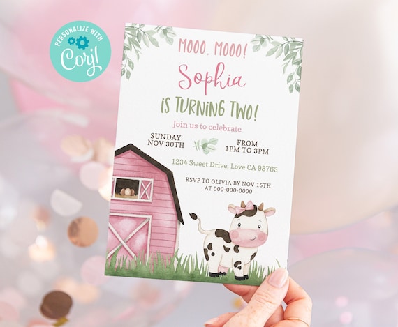 Cow girl birthday invitation, Farm birthday invitation for girl, Pink Barnyard party printables, Instant download, EDITABLE invite - 11A Il_570xn