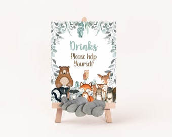 Greenery Woodland table sign, Drinks sign, Woodland birthday party, Forest animals baby shower decoration, Woodland theme party decor - 47J1