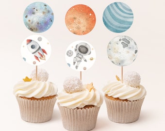 Outer Space birthday cupcake toppers, Space party decor, First Trip Around the sun favor Tags, Astronaut birthday, Planets toppers - 39C