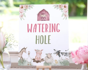 Watering Hole sign, Drinks table signs, Girl farm birthday decorations, Girl baby shower decoration, Pink barnyard birthday decor - 11B