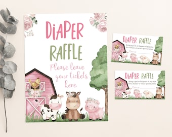 Farm Diaper Raffle Sign + Card, Floral Farm baby shower decorations, Girl Baby shower games, Girl Barnyard Raffle sign and tickets - 11A